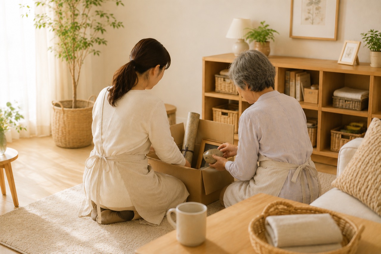 若い女性と高齢女性が家財を整理する様子