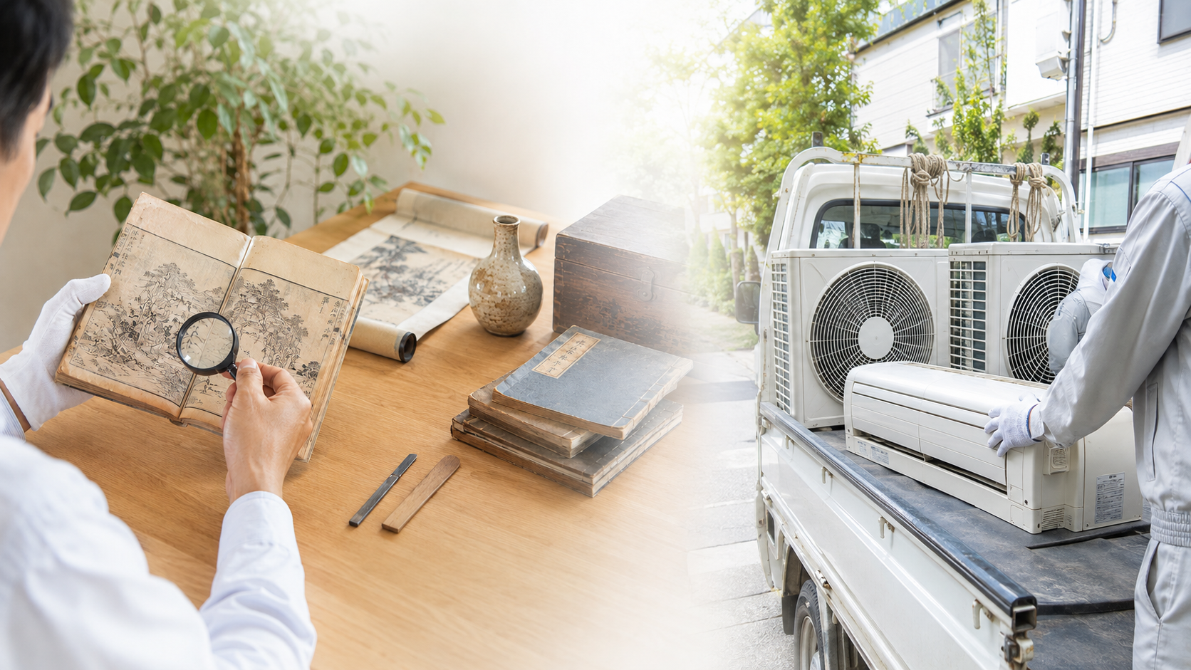 古道具の価値を確認する様子とエアコンの引取作業を表したイメージ