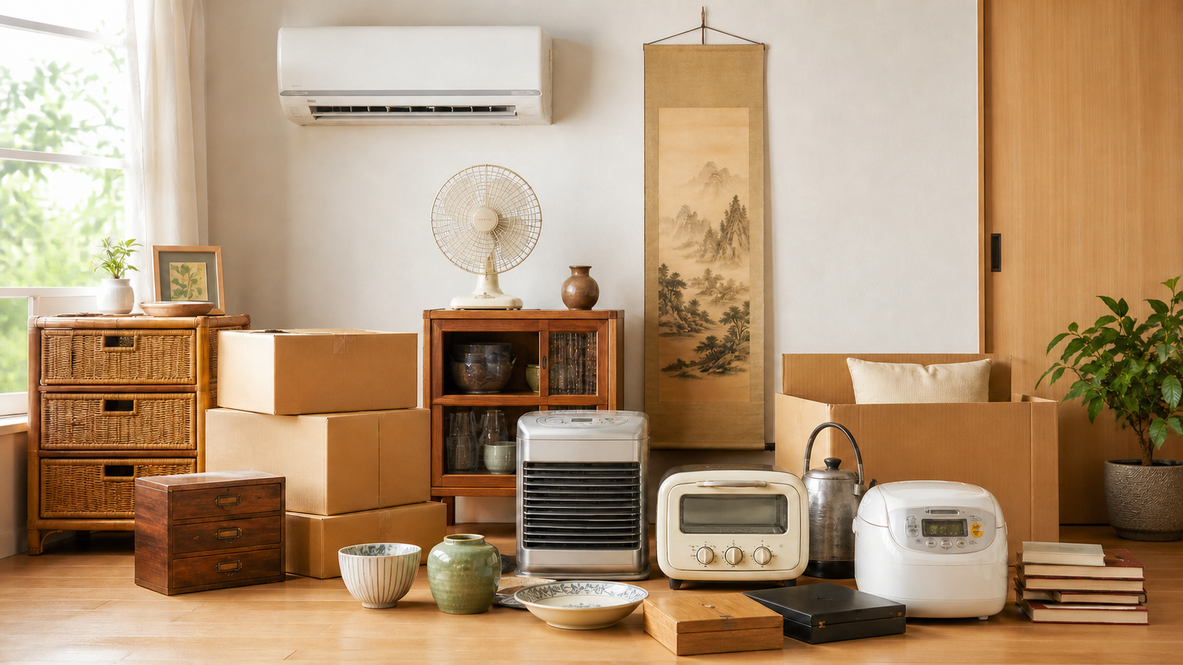 エアコンや掛け軸、古い家電、生活用品が並ぶ整理前の明るい室内