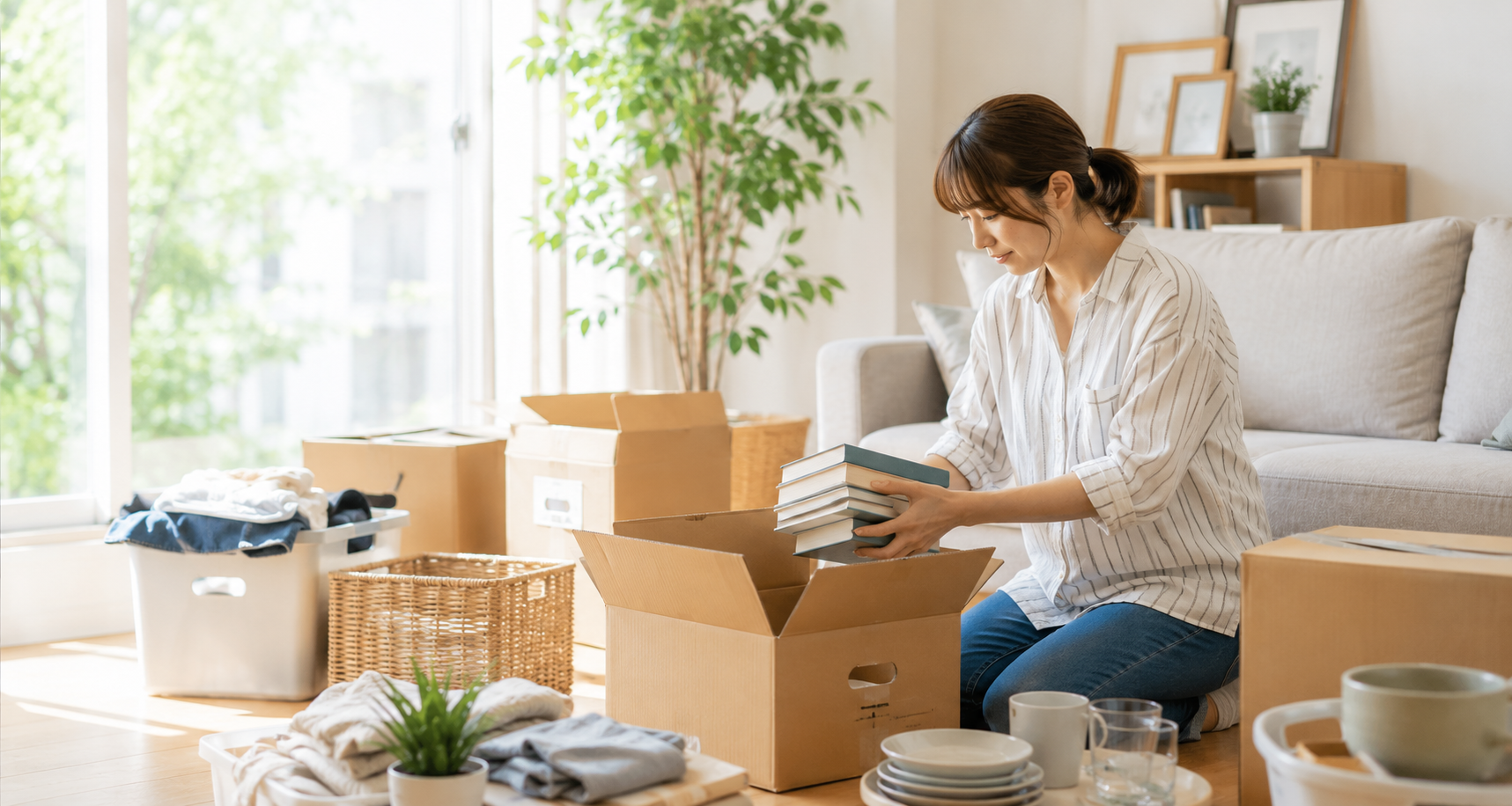 明るい室内で女性が家財を整理する様子